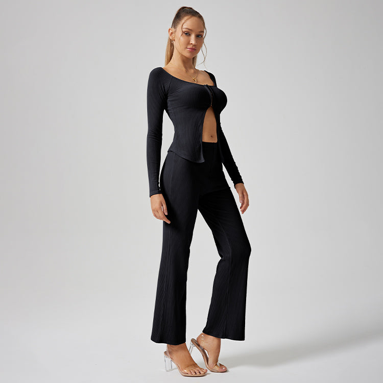 Loose Ribbed Casual Straight-Leg, Wide-Leg Pants