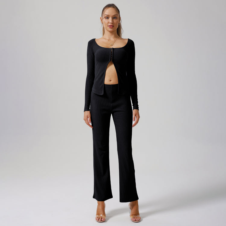 Loose Ribbed Casual Straight-Leg, Wide-Leg Pants