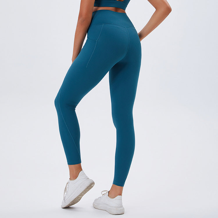 Ribbed Sports Yoga Pants with Side Pockets