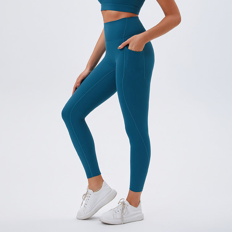 Ribbed Sports Yoga Pants with Side Pockets